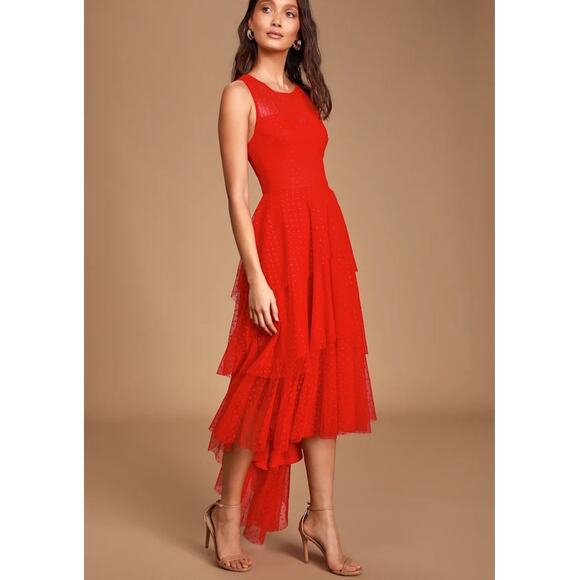 Lulus Gala Glam Red Swiss Dot Tiered High Low Hem Dress Size Small - Picture 7 of 10